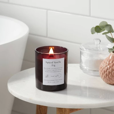 Clear Colored Glass With Woodwick And Brass Metal Inset Lid Spice Vanilla Fig Candle Purple - Threshold™ 1 Clear Colored Glass With Woodwick And Brass Metal Inset Lid Spice Vanilla Fig Candle Purple - Threshold™