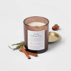 Clear Colored Glass With Woodwick And Brass Metal Inset Lid Acorn + Black Pine Candle Brown - Threshold™ 4 Clear Colored Glass With Woodwick And Brass Metal Inset Lid Acorn + Black Pine Candle Brown - Threshold™ -Garden Outdoor Store GUEST 5fa327df 5133 47b8 a926 0d5334ce061c