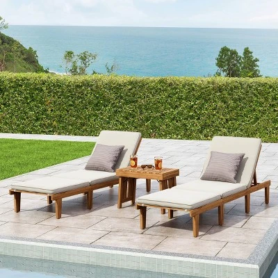 Ariana 3pc Acacia Wood Chaise Lounge Set - Teak/Cream - Christopher Knight Home 1 Ariana 3pc Acacia Wood Chaise Lounge Set - Teak/Cream - Christopher Knight Home