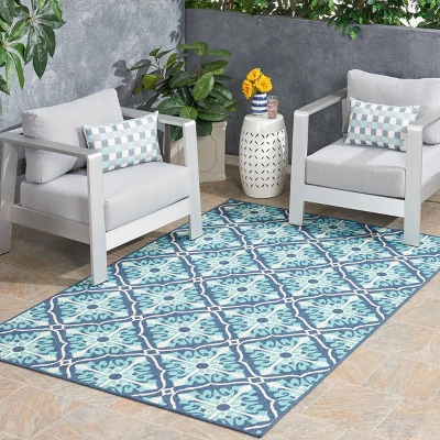 5'3" X 7' Morocco Trellis Outdoor Rug Ivory/Blue - Christopher Knight Home 2 5'3" X 7' Morocco Trellis Outdoor Rug Ivory/Blue - Christopher Knight Home - Image 2