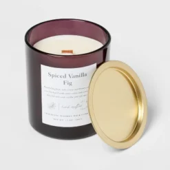 Clear Colored Glass With Woodwick And Brass Metal Inset Lid Spice Vanilla Fig Candle Purple - Threshold™ 7 Clear Colored Glass With Woodwick And Brass Metal Inset Lid Spice Vanilla Fig Candle Purple - Threshold™ -Garden Outdoor Store GUEST 851e53a4 1b0e 449b 92ac ac1f0d30a37e