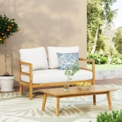 2pc Ellendale Outdoor Acacia Wood Loveseat & Coffee Table Teak/White - Christopher Knight Home 12 2pc Ellendale Outdoor Acacia Wood Loveseat & Coffee Table Teak/White - Christopher Knight Home -Garden Outdoor Store GUEST 9ddc2f44 7148 4835 9506 0e11e536546a