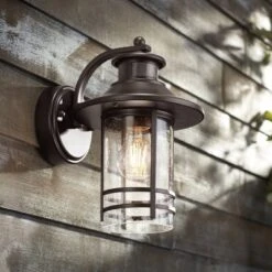 John Timberland Galt Outdoor Mission Wall Light Fixture Oil Rubbed Bronze Motion Sensor Dusk To Dawn 11 1/4" Seedy Glass For Post Exterior Barn Deck