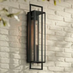 Possini Euro Design Jericho Modern Outdoor Wall Light Fixture Textured Black Steel 28" Clear Glass For Post Exterior Barn Deck House Porch Yard Patio