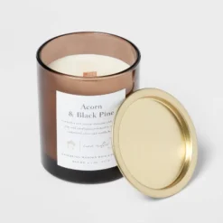 Clear Colored Glass With Woodwick And Brass Metal Inset Lid Acorn + Black Pine Candle Brown - Threshold™ 5 Clear Colored Glass With Woodwick And Brass Metal Inset Lid Acorn + Black Pine Candle Brown - Threshold™ -Garden Outdoor Store GUEST e82cdb94 c293 4984 b5b6 1ca170680739
