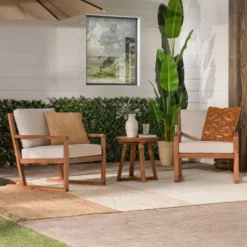 Featured Products 22 Saracina Home 3pc Modern Slat-Back Acacia Outdoor Conversation Set With Cushions